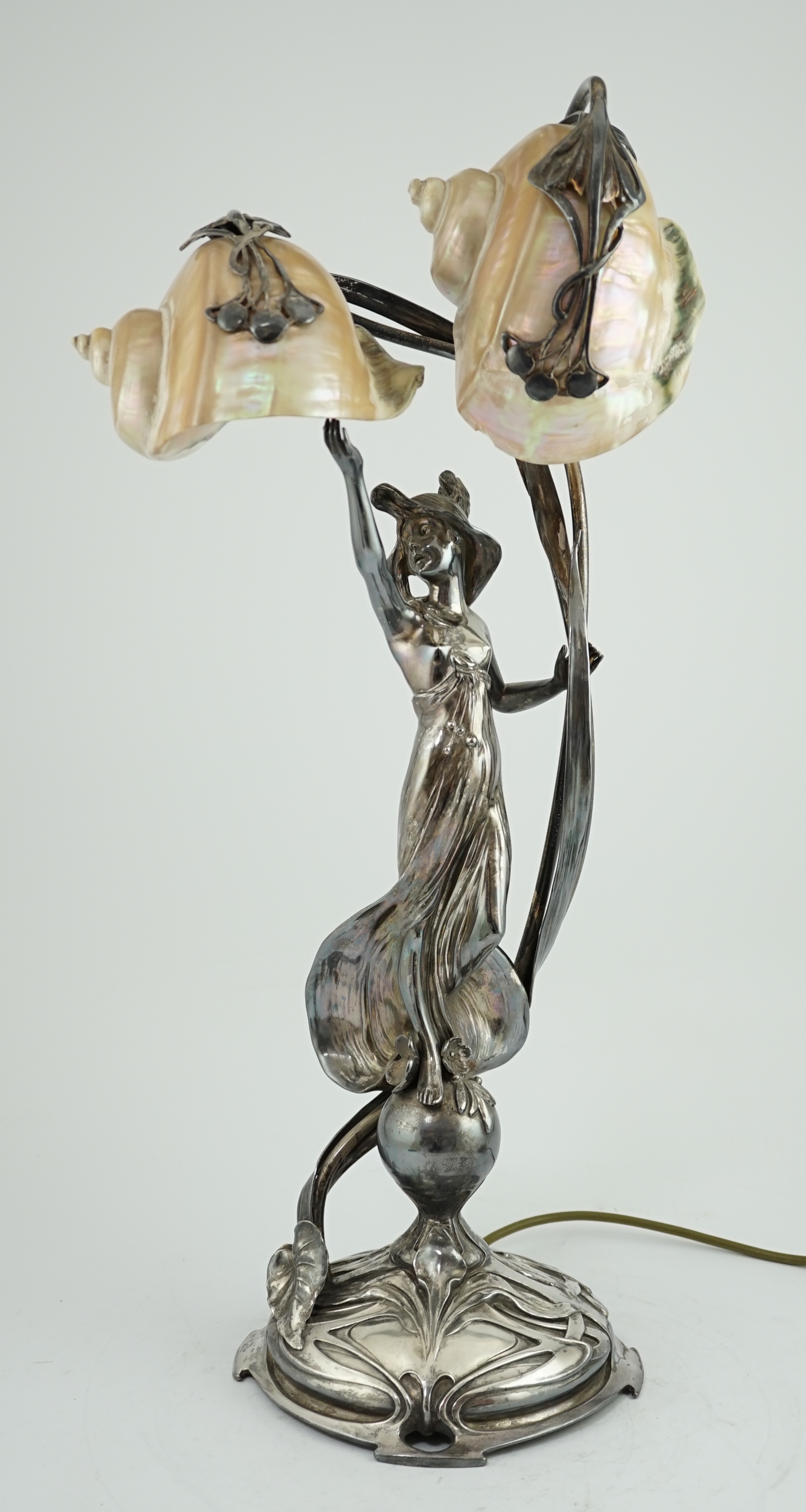 An impressive Art Nouveau electroplate shell mounted figural table lamp, by Moritz Hacker, c.1900